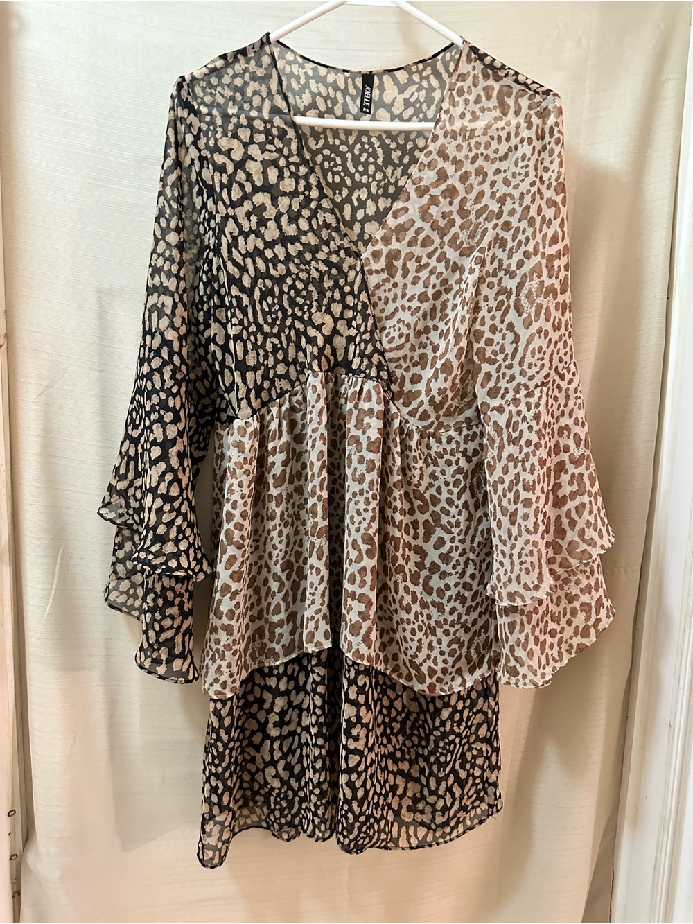 JOELLE Mixed Leopard Print Chiffon Dress Bell Sleeve Boho Mini Dress P/S